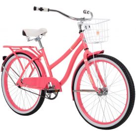 Comfort cruiser bike in gloss pink featuring a large wire basket