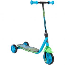 Neon blue and green scooter has a 3-wheel design