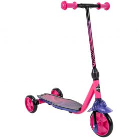 Neon pink and purple scooter has a 3-wheel design