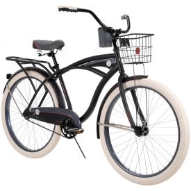 Classic style beach cruiser bike in matte black with wire basket