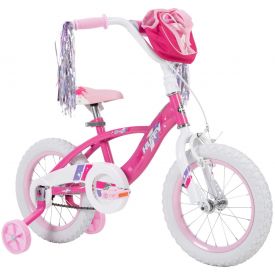 Girls bike with hot pink features and a handlebar bag