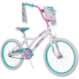 White bicycle featuring pink and blue highlights