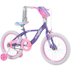 18-inch bike for girls with purple features and a light pink handlebar bag