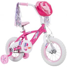 Girls 12-inch Huffy bike with pink features and a handlebar bag