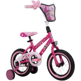 12-inch Minnie Mouse bike with training wheels has a fun, polka-dot design