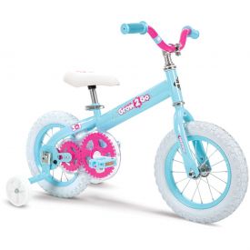 kids 12-inch convertible bike in light blue with pink features