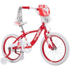 Red girls bike with streamers and a bag to carry her favorite toys