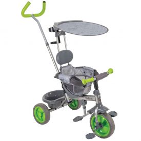 Convertible stroller in gray and green transforms into a kids tricycle