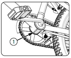 Line drawing of a bicycle from below, a call out labeled with a number one points at the bottom of the bottom bracket